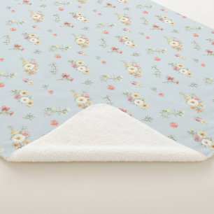 Soft Blue Grey Moss Rose Watercolor Floral Sherpa Blanket