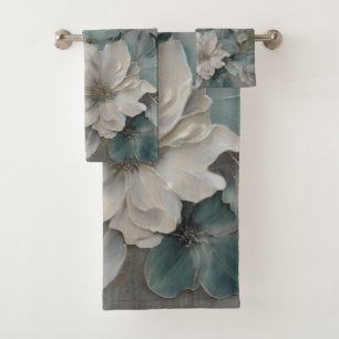Soft Blue Grey Sage Farmhouse Floral Bath Towel Set
