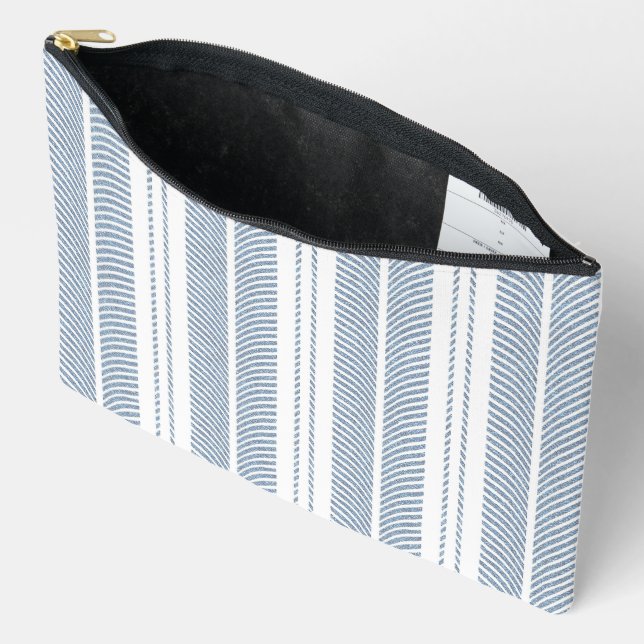 Soft Blue Herringbone Fern Striped Pattern Accessory Pouch (Open)