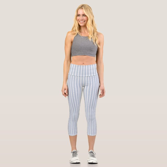 Soft Blue Herringbone Fern Striped Pattern Capri Leggings (Front)