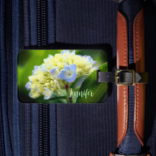 Soft Blue Hydrangea Flower Personalised Luggage Tag (Front Insitu 4)