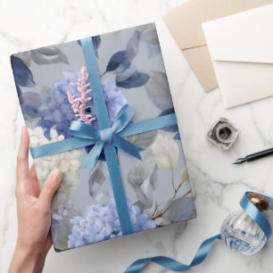 Soft Blue Hydrangea Grey Floral Pattern Wrapping Paper