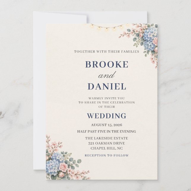 Soft Blue Hydrangea Pink Blossom Wedding Invitation (Front)