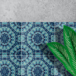Soft Blue Indigo Kaleidoscope Geometric Pattern Tile<br><div class="desc">This ceramic tile features a mesmerising mosaic geometric design. The intricate patterns and symmetrical shapes converge to create a visually striking centerpiece. The tile is adorned with various shades of blue, ranging from deep navy to soft turquoise. These colours are artfully arranged to enhance the depth and dimension of the...</div>