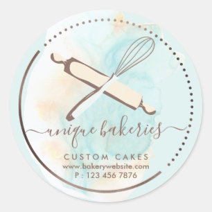Soft Blue Ivory Whisk Rolling Pin Bakery Pastries Classic Round Sticker
