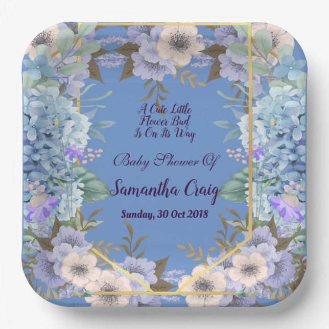 Soft Blue Little Flower Bud Hydrangea Baby Shower Paper Plate (Front)