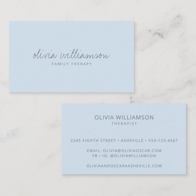 Soft Blue Modern Minimalist Script Therapist Business Card (Front/Back)