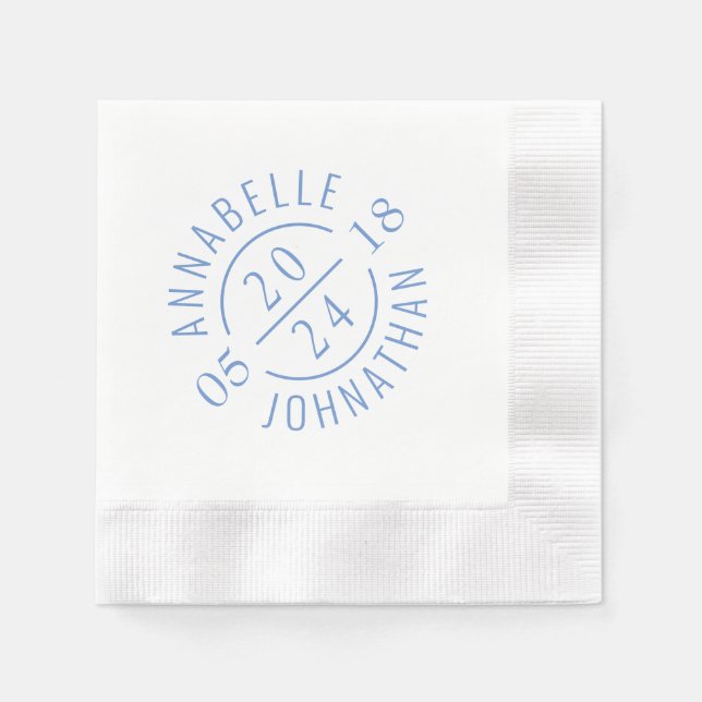Soft Blue Modern Wedding Badge Names and Date Napkin (Front)