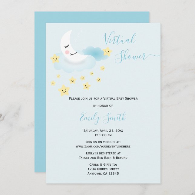 Soft Blue Moon & Stars | Virtual Baby Shower Invitation (Front/Back)