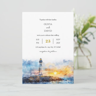 Soft Blue Nautical Sunset Lighthouse Beach Wedding Invitation