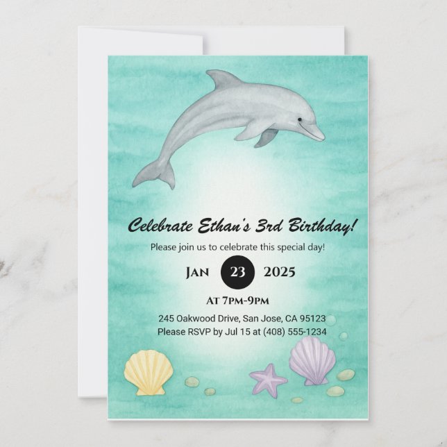 Soft Blue Ocean Dolphin Illustration Birthday  Invitation (Front)