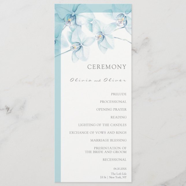 Soft Blue Orchid Wedding Programme (Front)