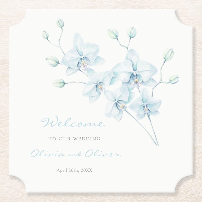 Soft Blue Orchid Wedding Welcome Paper Coaster (Front)