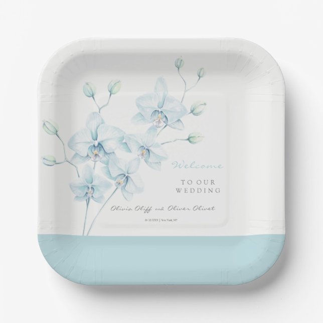 Soft Blue Orchid Wedding Welcome Paper Plate (Front)