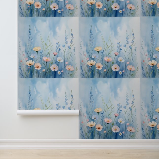 Soft Blue & Pastel Floral Mural Peel and Stick Wallpaper (Application)