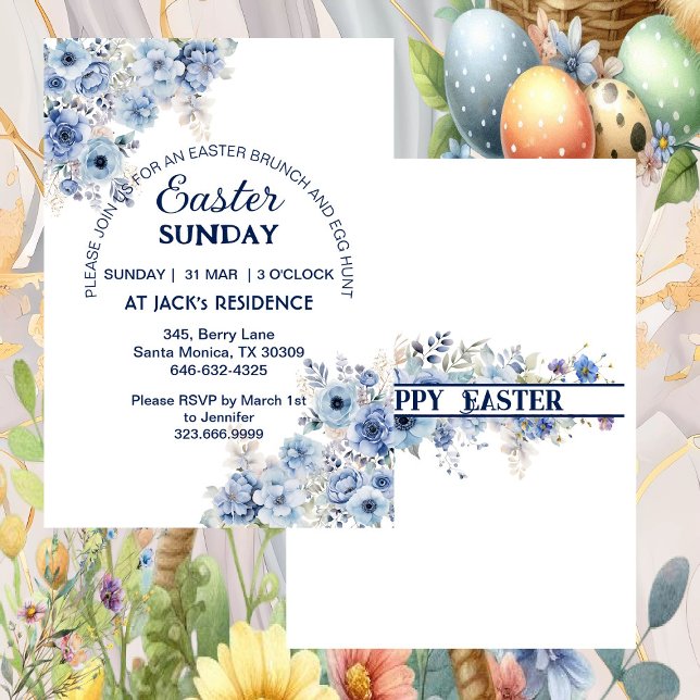 Soft Blue Pastel Wild Flowers Easter Sunday Party  Invitation (Soft Blue Pastel Wild Flowers Easter Sunday Party Invitation)