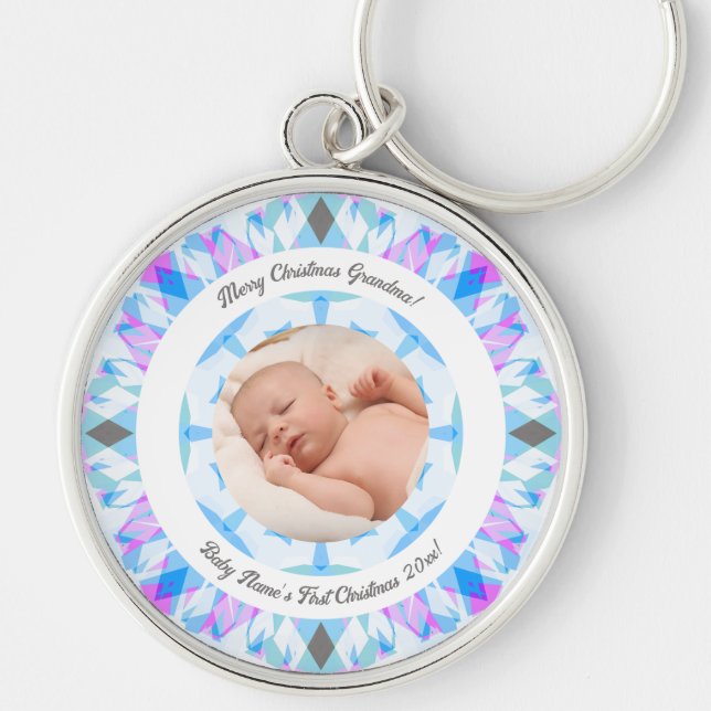 Soft Blue Pastels Custom Christmas Grandma Photo Key Ring (Front)