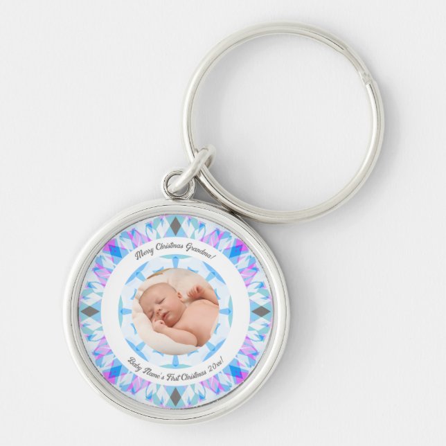 Soft Blue Pastels Custom Christmas Grandma Photo Key Ring (Front)