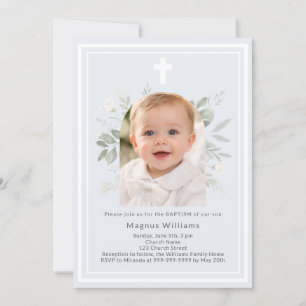 Soft blue photo boy white florals arch Baptism Invitation