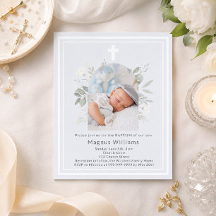 Soft blue photo florals boy Baptism invitation