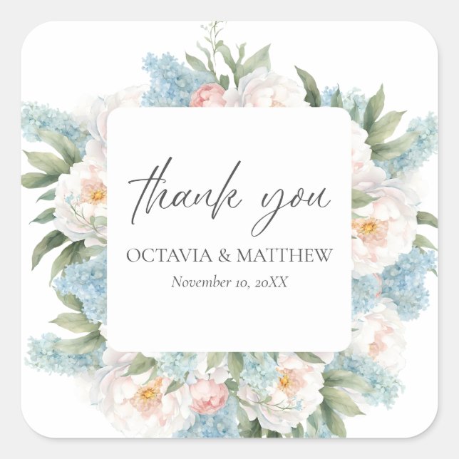 SOFT BLUE PINK BLOOMING FLOWERS WEDDING THANK YOU SQUARE STICKER (Front)