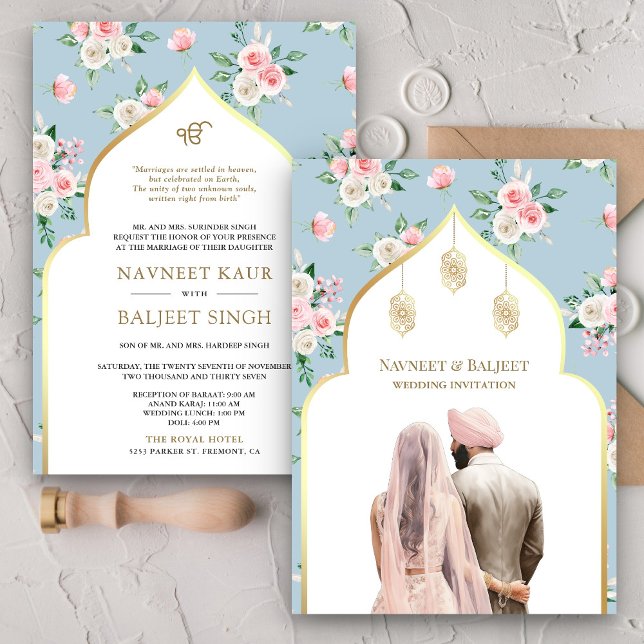 Soft Blue Pink Floral Anand Karaj Sikh Wedding Invitation (Creator Uploaded)