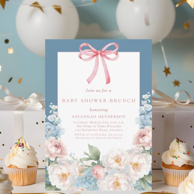 Soft Blue Pink Floral Bow Baby Shower Brunch Invitation (Creator Uploaded)