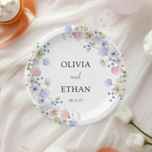 Soft Blue Pink Floral Garden Wedding Paper Plate
