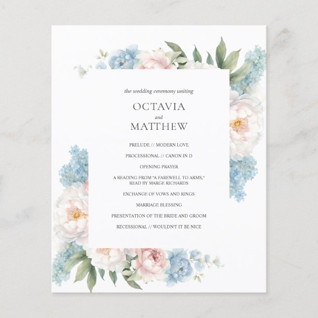 Soft blue pink flowers Botanical Wedding Program (Front)