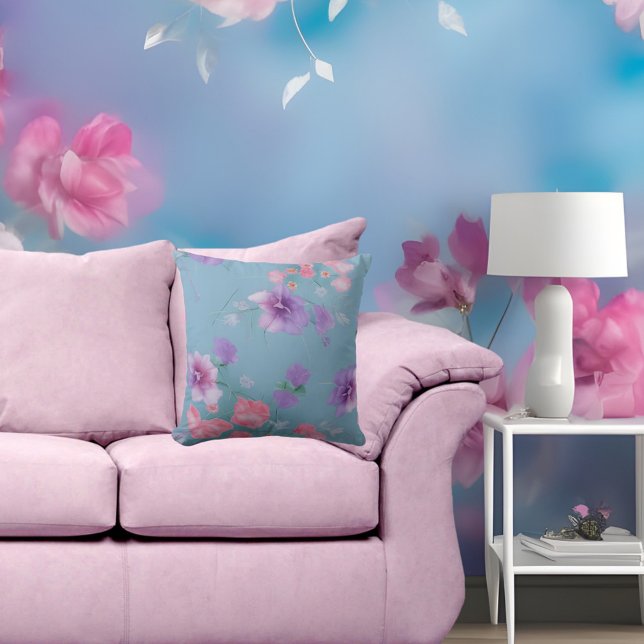 Soft Blue pink silk flowers green leaves fabric Cushion (Creator Uploaded)