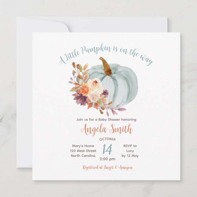 Soft Blue Pumpkin Rustic Floral Baby Shower Invitation (Front)