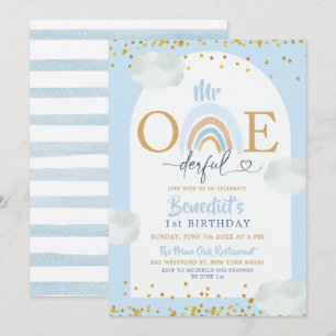 Soft Blue Rainbow Mr Onederful Boy's Birthday Invitation