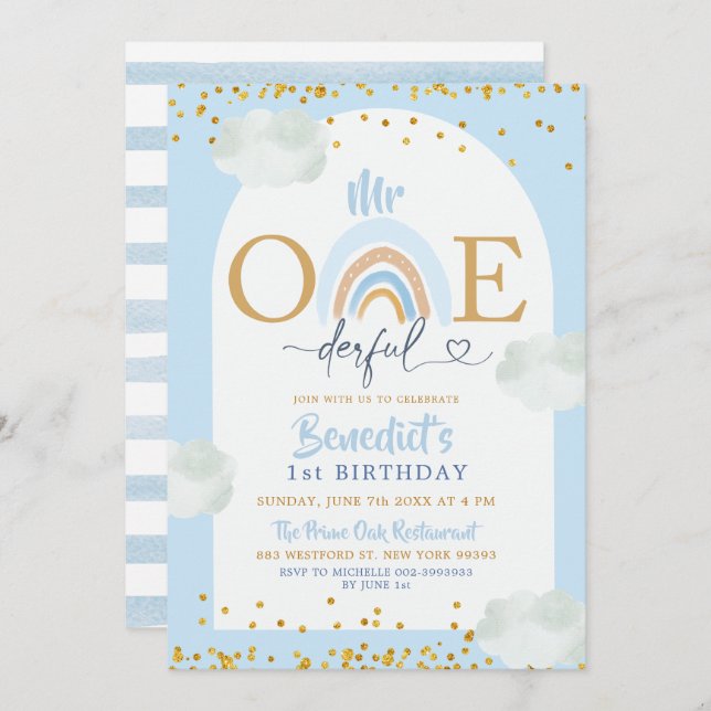 Soft Blue Rainbow Mr Onederful Boy's Birthday Invitation (Front/Back)