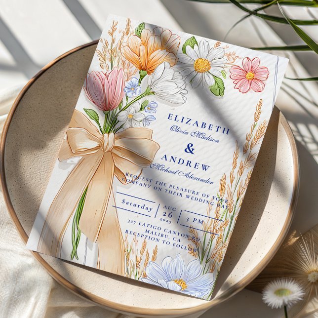 Soft Blue Ribbon Floral Wedding Invitation (Creator Uploaded)