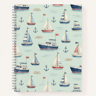 Soft Blue Sailboat Watercolor Coastal Pattern Notebook