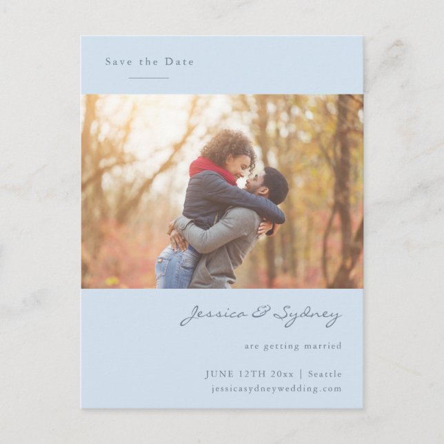 Soft Blue Script Couple Photo Getting Married Postcard (Front)