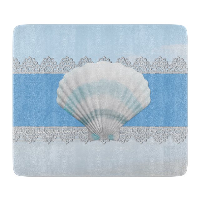 Soft Blue Seashell And Lace Cutting Board (Front)