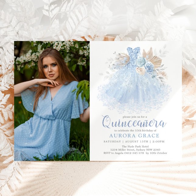 Soft Blue Silver Quinceañera Princess Dress Photo Invitation (Creator Uploaded)