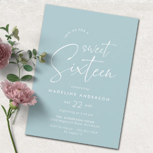Soft Blue   Simple Modern Sweet 16 Birthday Party Invitation