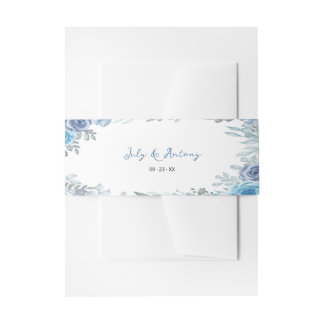 Soft Blue Slate Watercolor Floral Wedding Invitation Belly Band