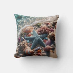 Soft Blue Starfish Seashells Beach Cushion