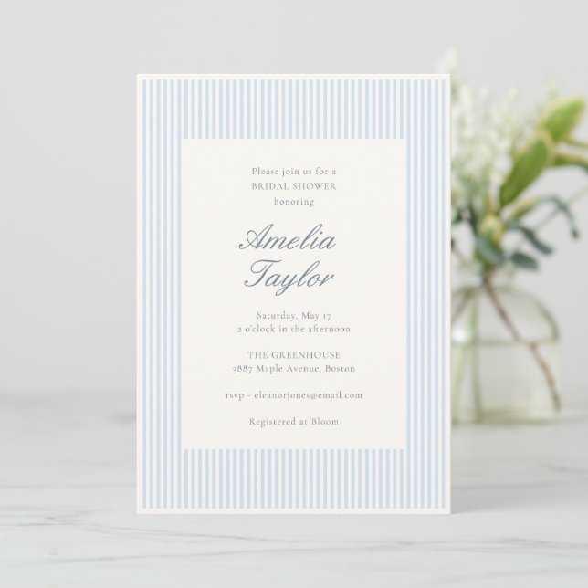 Soft Blue Stripe Cream Classic Bridal Shower Invitation (Standing Front)