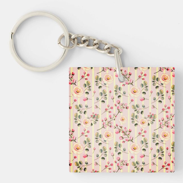Soft Blue Stripe Floral  Key Ring (Front)
