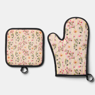Soft Blue Stripe Floral  Oven Mitt & Pot Holder Set