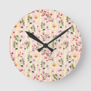 Soft Blue Stripe Floral  Round Clock