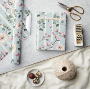 Soft Blue Stripe Floral Wrapping Paper