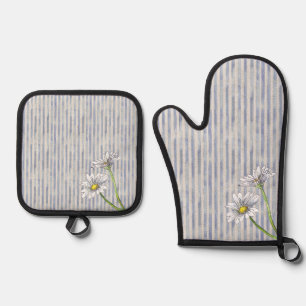 Soft Blue Stripe Watercolor Daisy Cottage Oven Mitt & Pot Holder Set