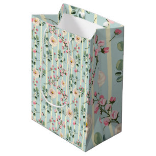 Soft Blue Striped Floral Wrapping Medium Gift Bag