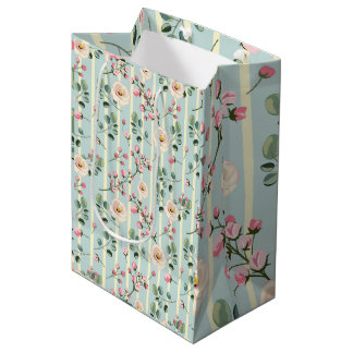 Soft Blue Striped Floral Wrapping Medium Gift Bag