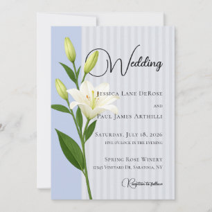 Soft Blue Striped White Lily Wedding Invitation